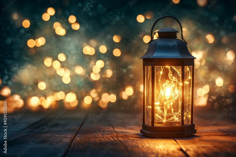 Rustic lantern illuminating wooded path with warm bokeh lights Rustic lantern illuminating wooded path with warm bokeh lights