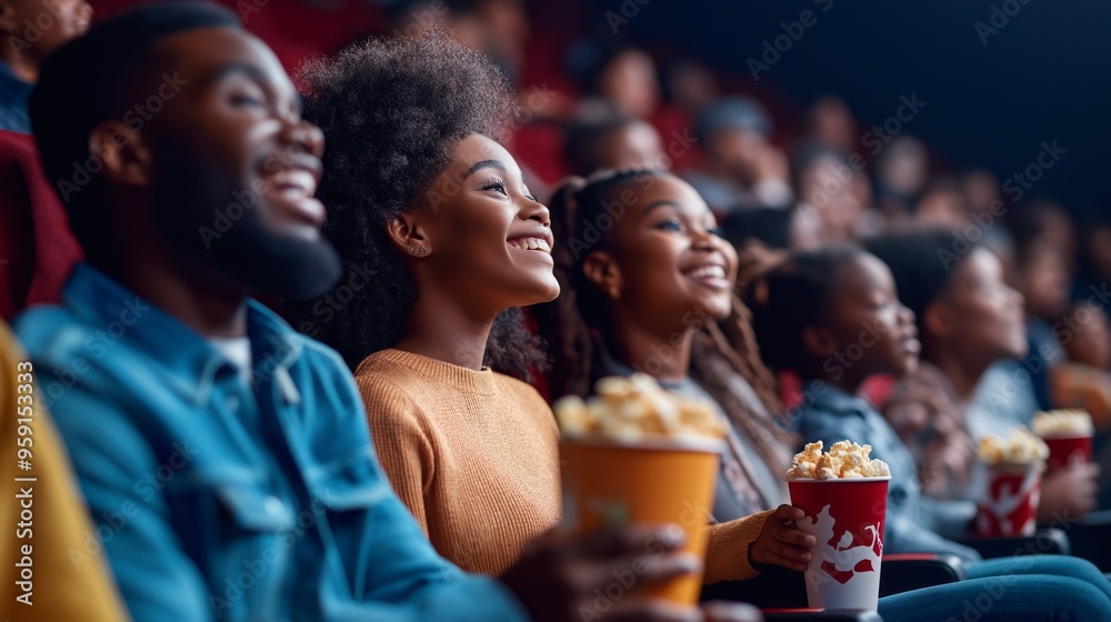 Audience enjoying a movie in cinema with snacks, happy. Audience enjoying a movie in cinema with snacks, happy.