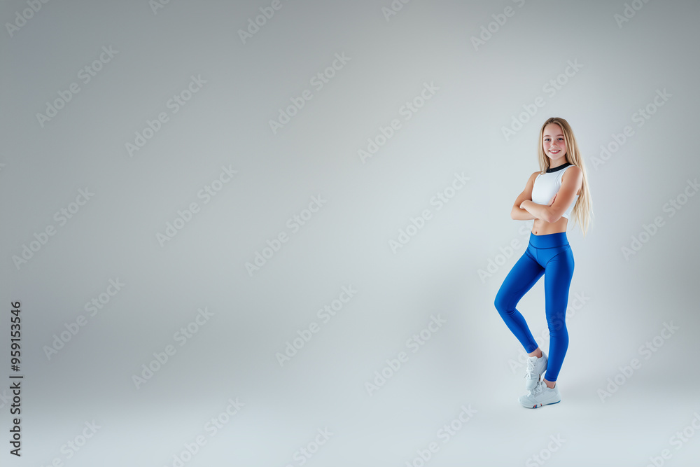 sporty young teenage girl in sport suit, leggings, top sporty young teenage girl in sport suit, leggings, top