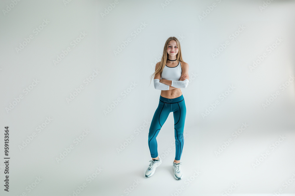 sporty young teenage girl in sport suit, leggings, top sporty young teenage girl in sport suit, leggings, top
