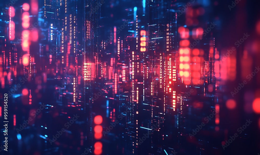 Fototapeta premium Abstract digital cityscape with red and blue lights