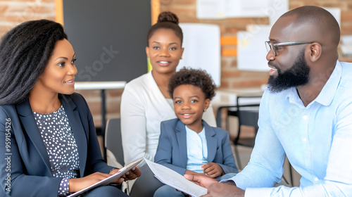 African American Family and their Boy Child at the School Psychologist, therapy after divorce