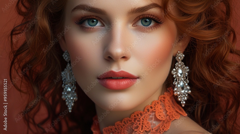 Fototapeta premium Elegant woman with striking green eyes and red hair showcases ornate earrings in a soft-lit indoor setting