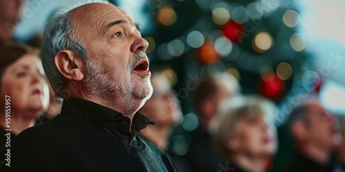 Seniorenchor singt Weihnachtslieder vor festlich dekoriertem Baum.. photo