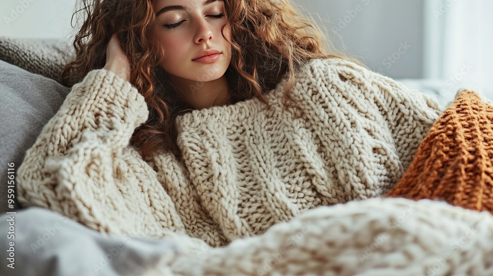 Woman Wearing Knitted Sweater Relaxing in Bed Woman Wearing Knitted Sweater Relaxing in Bed