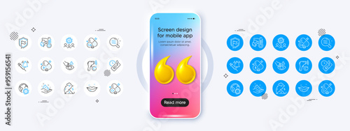 Skin care, Dont touch and Covid test line icons. Phone mockup with 3d quotation icon. Pack of Chromium mineral, Calcium mineral, Coronavirus icon. Vector
