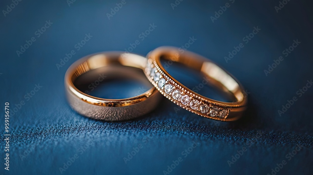 Close-up of elegant gold wedding rings on a blue background, showcasing their luxurious design and timeless beauty. Close-up of elegant gold wedding rings on a blue background, showcasing their luxurious design and timeless beauty.
