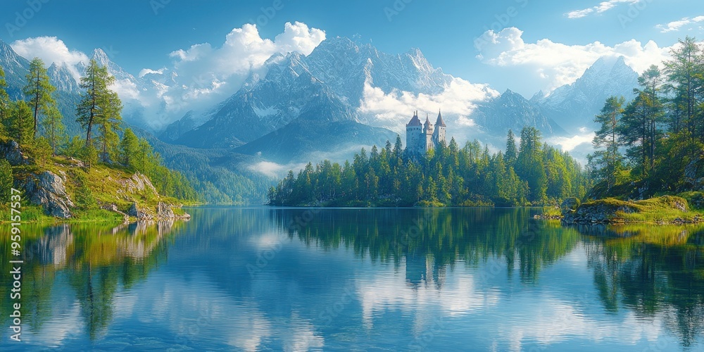 A Majestic Castle on a Serene Mountain Lake with Snow-Capped Peaks A Majestic Castle on a Serene Mountain Lake with Snow-Capped Peaks