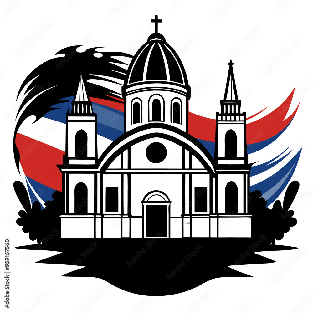 A detailed black and white drawing depicting a church prominently positioned with a flag billowing in the background, conveying a sense of history and culture A detailed black and white drawing depicting a church prominently positioned with a flag billowing in the background, conveying a sense of history and culture