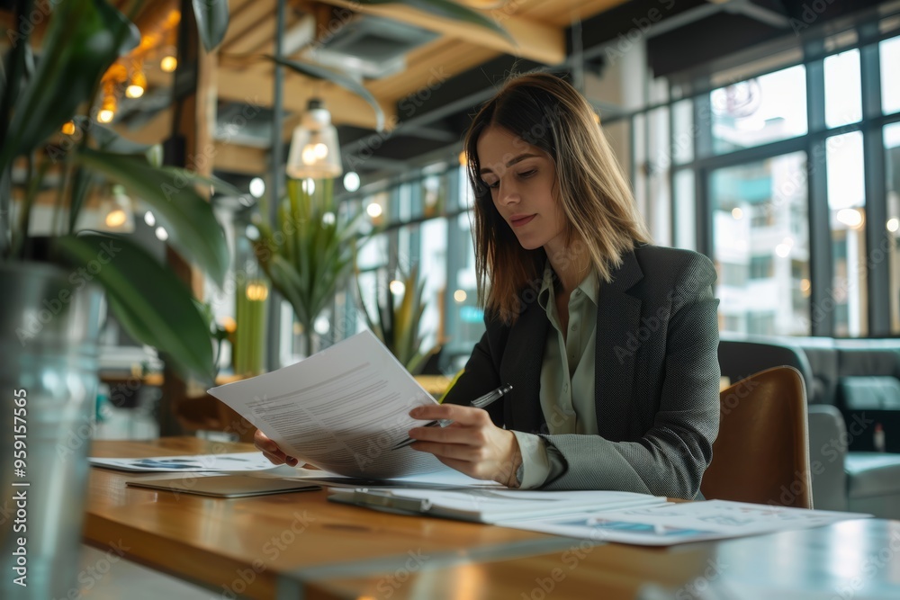 Businesswoman in contemporary office setting doing paperwork