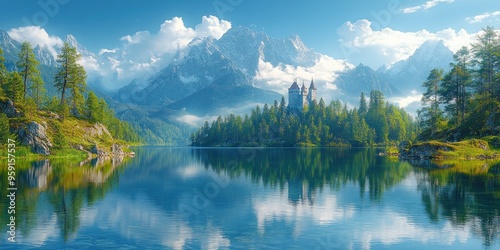 A Majestic Castle on a Serene Mountain Lake with Snow-Capped Peaks