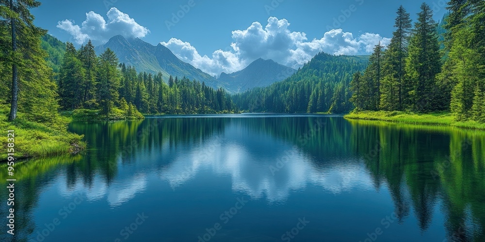 Serene Mountain Lake Reflected in Still Water Serene Mountain Lake Reflected in Still Water