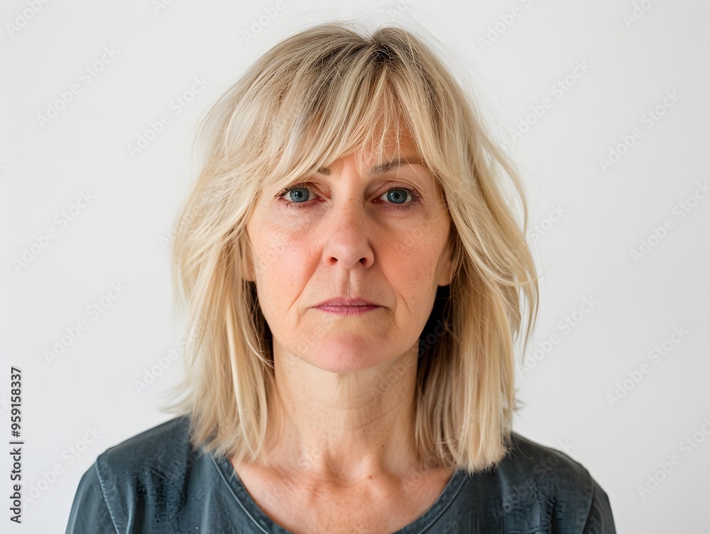 Blonde middle aged woman serious angry sad face portrait white background Blonde middle aged woman serious angry sad face portrait white background