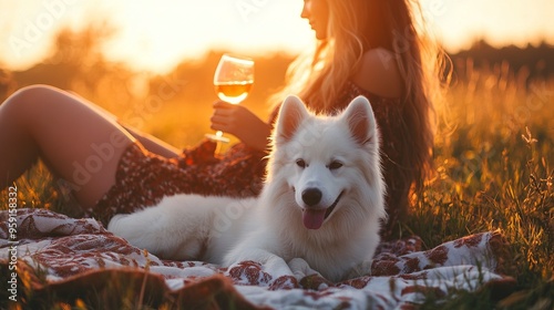 Stylish woman relaxing with glass of wine and white dog on blanket in warm sunny light in summer meadow. Vacation and picnic with pet.