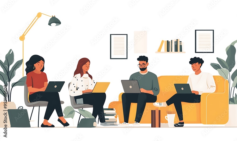 Four People Working On Laptops in a Modern Office Space Four People Working On Laptops in a Modern Office Space