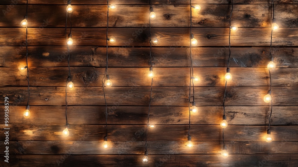 Rustic wooden wall with hanging string lights creating a warm ambient glow Rustic wooden wall with hanging string lights creating a warm ambient glow