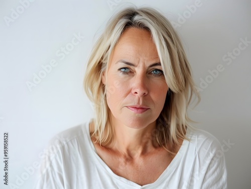 Blonde middle aged woman serious angry sad face portrait white background