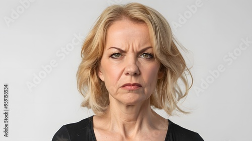 Blonde middle aged woman serious angry sad face portrait white background photo