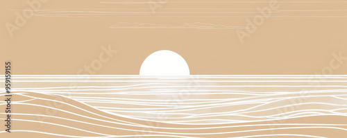 A simple white line drawing on a warm beige background of a sun rising over the ocean. The neutral tones emphasize the peaceful and serene beauty of the scene. photo