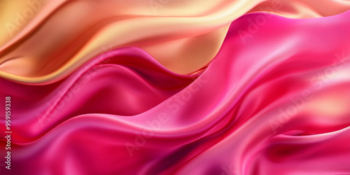 A modern abstract background with 3D wave gradients of silk fabric in vibrant pink and gold. The flowing fabric adds a dynamic, energetic quality to the scene.