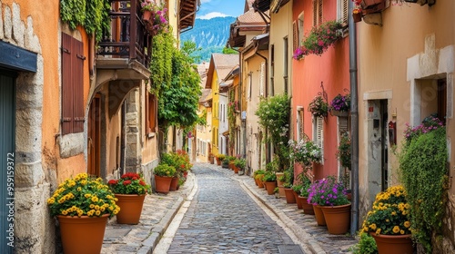 Journey to Europe: charming cobblestone streets, old pavement, and residences festooned with numerous flower pots; Annecy, France photo