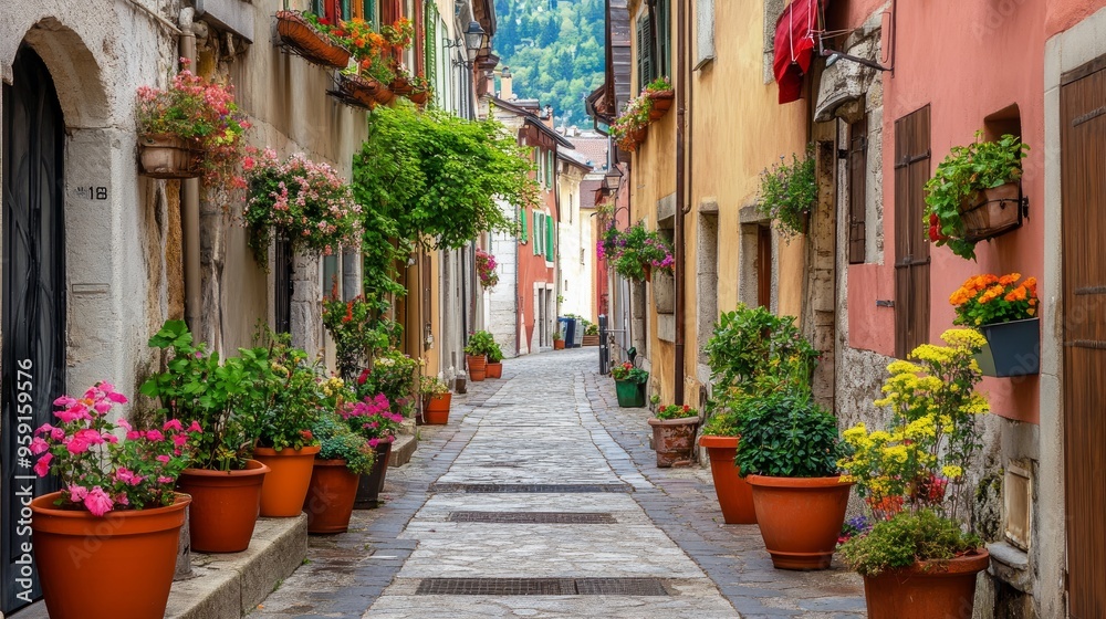 Journey to Europe: charming cobblestone streets, old pavement, and residences festooned with numerous flower pots; Annecy, France Journey to Europe: charming cobblestone streets, old pavement, and residences festooned with numerous flower pots; Annecy, France