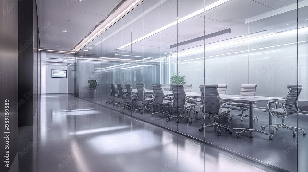 Obraz premium Modern office conference room with glass partitions, ergonomic seating, and advanced technology for presentations.