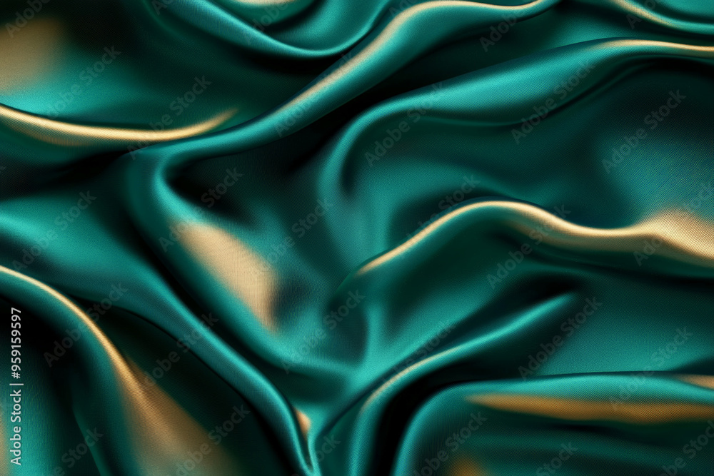 Obraz premium A luxurious abstract background with 3D wave gradients of silk fabric in deep emerald and gold. The fabric has a rich, opulent feel with intricate folds.