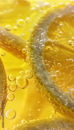 Close up of a refreshing lemonade glass with bubbles and lemon slices, vibrant and inviting colors
