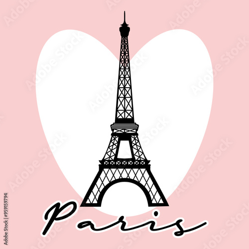 Silhouette of the Eiffel Tower on the background of the heart. Illustration