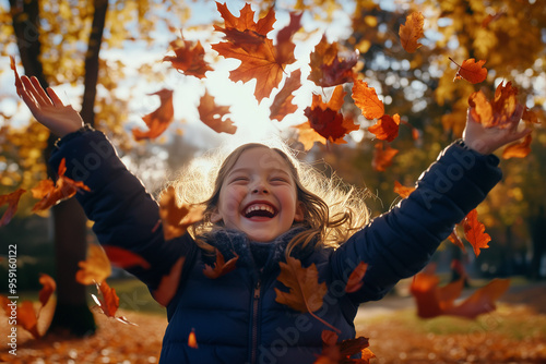 Joyful Girl Playing with Autumn Leaves in the Park