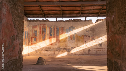Ancient wall murals in sunlight- Pompeii Ruins