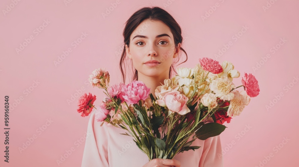 Woman holding a bouquet of colorful flowers on a pink background Woman holding a bouquet of colorful flowers on a pink background