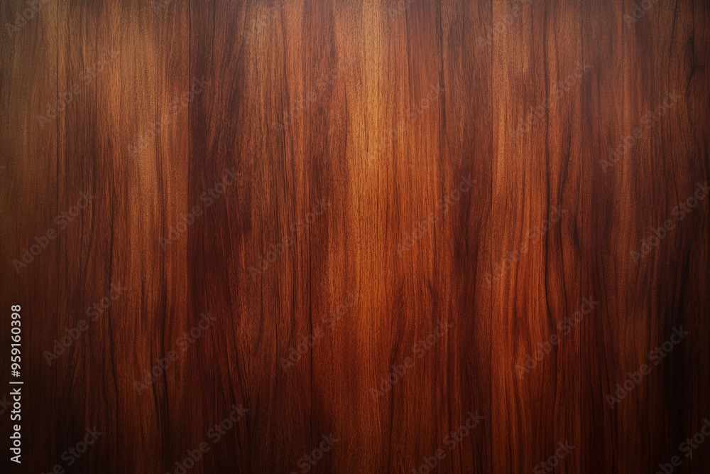Naklejka premium Warm mahogany wooden backdrop with rich, reddish-brown tones and a satin finish. The wood grain is smooth and flowing, creating a luxurious, elegant background that radiates warmth and sophistication,