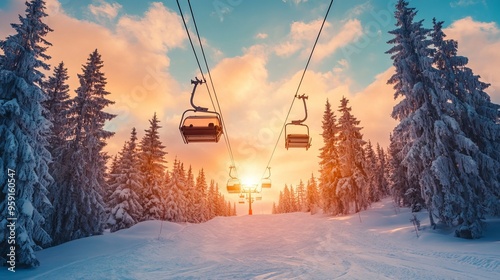 Ski lift in sunset. Winter sports concept with blue sky, clouds, sun and frozen trees around ski slope. Snowboarder looking to ski cable car