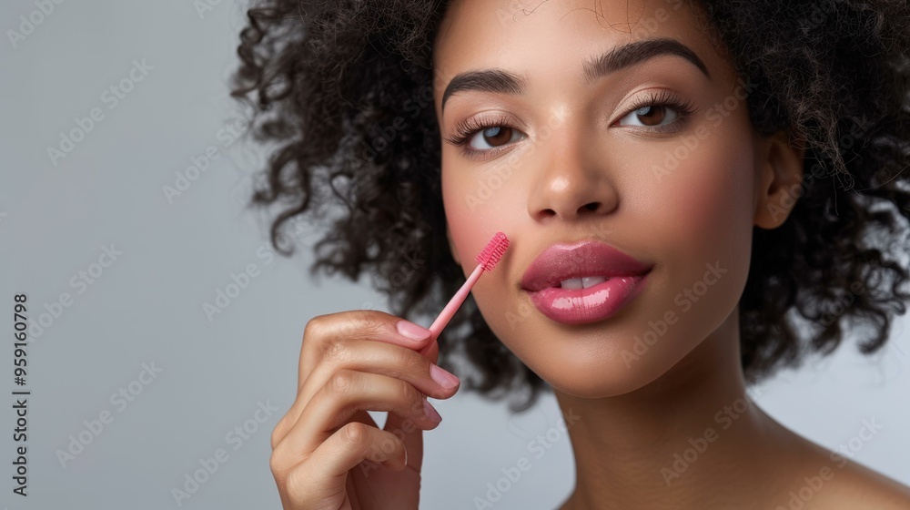 Woman Applying Lip Gloss, Close Up, Makeup, Beauty Woman Applying Lip Gloss, Close Up, Makeup, Beauty