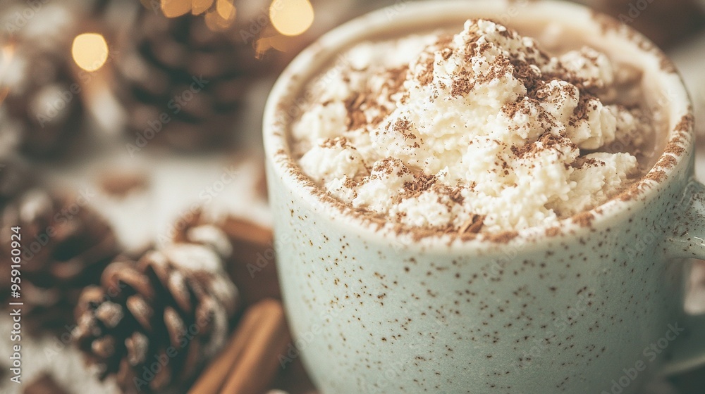 A photo of a steaming mug of hot chocolate topped with whipped cream and cinnamon A photo of a steaming mug of hot chocolate topped with whipped cream and cinnamon