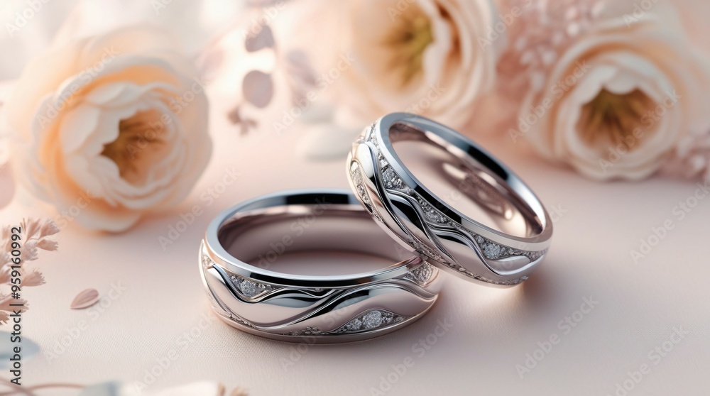 Elegant Silver Wedding Rings Intertwined with Floral Accents, Ai generated Images