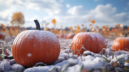 Snow-covered pumpkins in a fall field photo