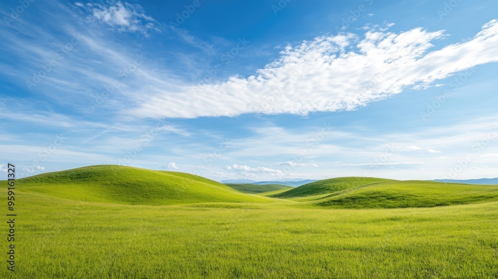 Rolling hills covered in green grass, beneath a clear blue sky with scattered white clouds. Peaceful and natural. Rolling hills covered in green grass, beneath a clear blue sky with scattered white clouds. Peaceful and natural.