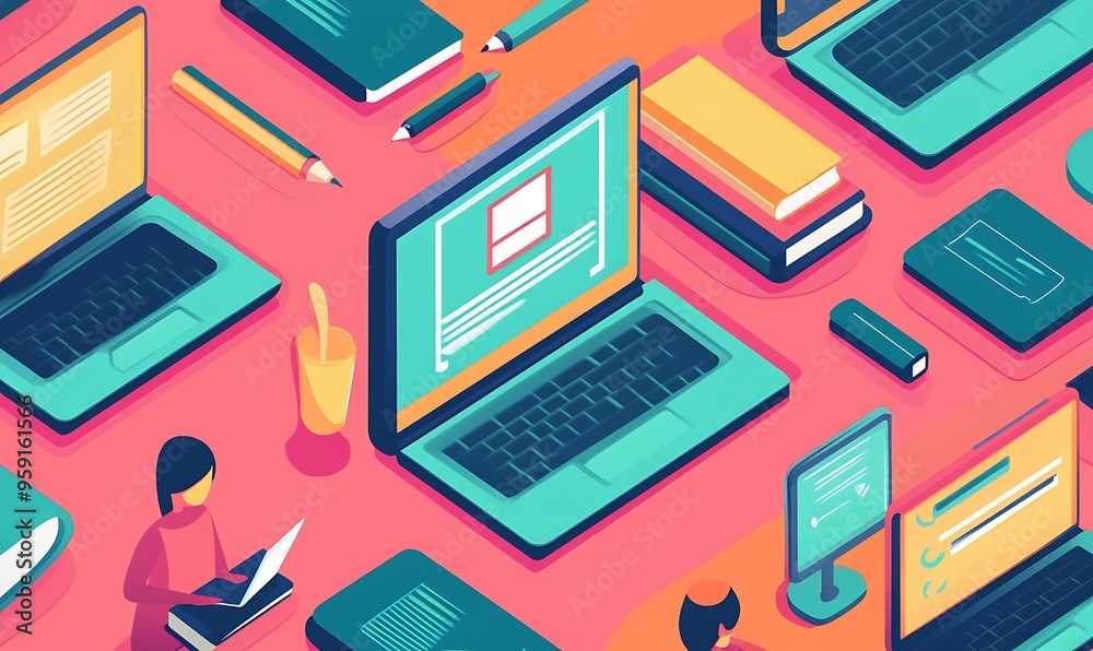 Isometric Illustration of a Desk with Laptops, Books, and a Person Isometric Illustration of a Desk with Laptops, Books, and a Person