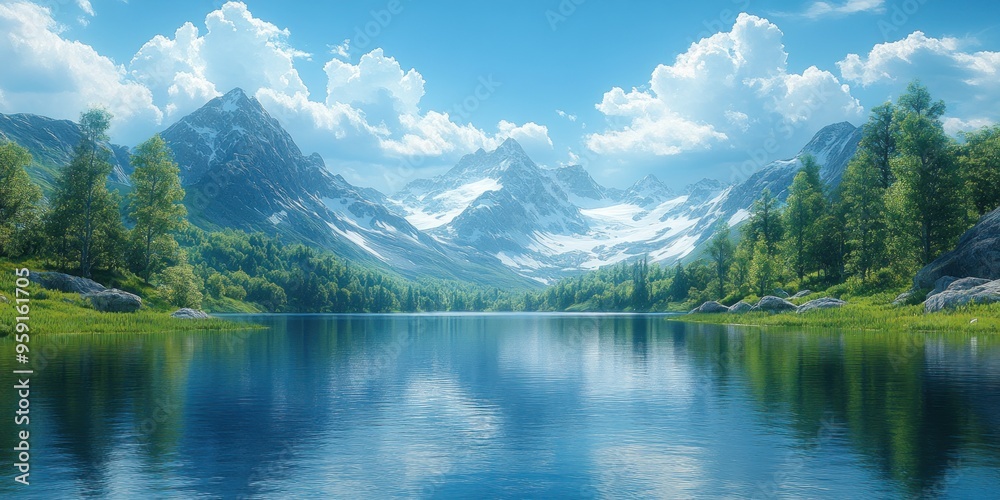 Serene Mountain Lake with Snow-Capped Peaks and Lush Greenery Serene Mountain Lake with Snow-Capped Peaks and Lush Greenery