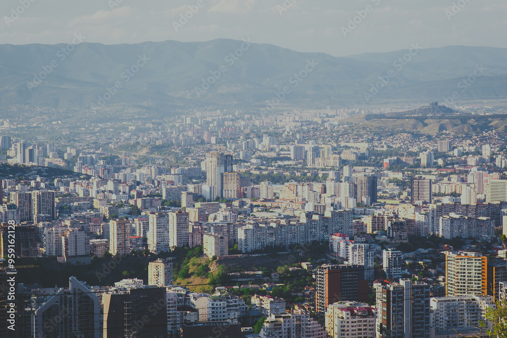 Fototapeta premium Panoramic view of residential areas of Tbilisi from Turtle Lake in summer