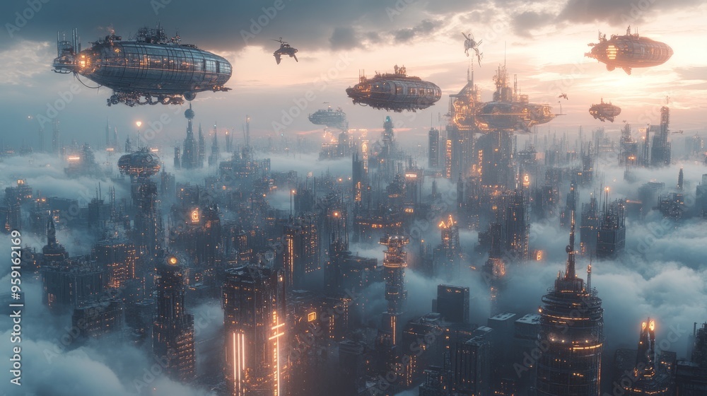 Surreal floating metropolis, cloud-wrapped airships, steampunk and cyberpunk fusion, neon glow, mechanical birds, Surreal floating metropolis, cloud-wrapped airships, steampunk and cyberpunk fusion, neon glow, mechanical birds,