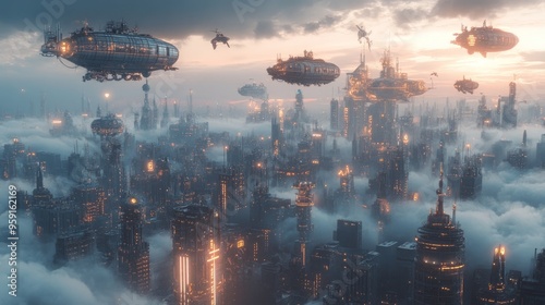 Surreal floating metropolis, cloud-wrapped airships, steampunk and cyberpunk fusion, neon glow, mechanical birds,