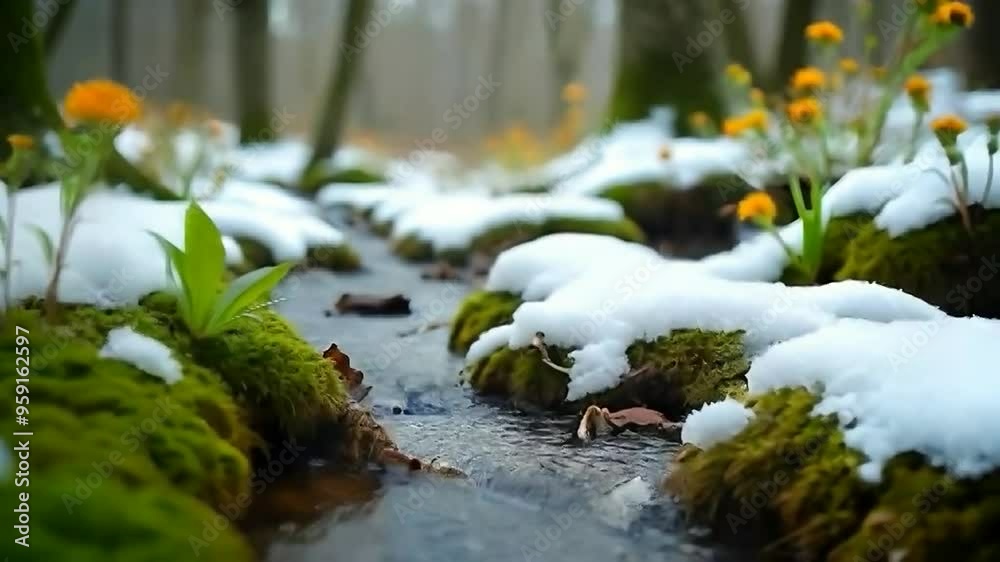 low angle of melting snow reveals flowers, flowing streams in early springtime landscape