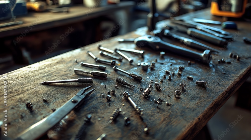 Tools On A Workbench of handyman or worker or repairman. Tools on wooden table in workshop. Tools set: spanners, screwdrivers, pliers, clamps, Handle Hex Key (hexagon allen key) and screws with nails Tools On A Workbench of handyman or worker or repairman. Tools on wooden table in workshop. Tools set: spanners, screwdrivers, pliers, clamps, Handle Hex Key (hexagon allen key) and screws with nails