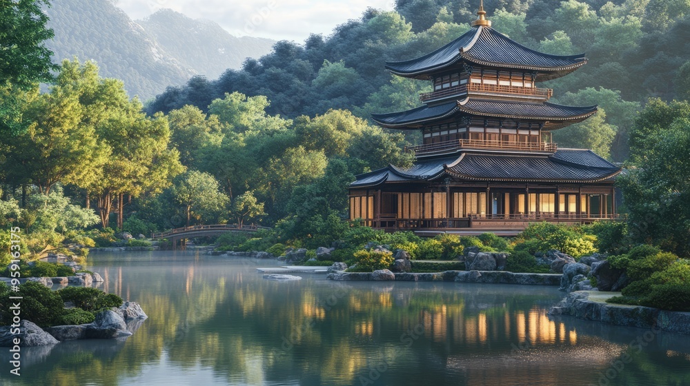 Obraz premium Traditional Japanese pagoda with curved roofs and serene gardens