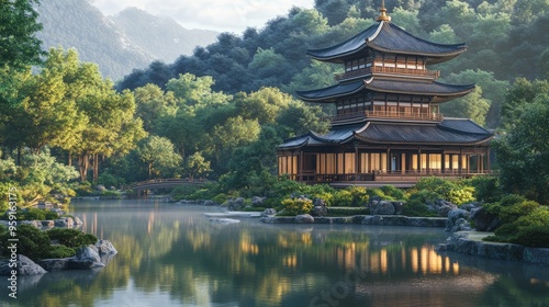 Traditional Japanese pagoda with curved roofs and serene gardens