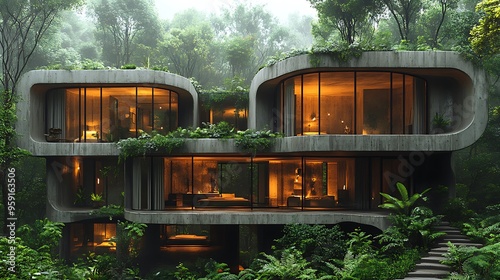 Modern concrete house nestled within a lush rainforest with large windows and a unique curved design.